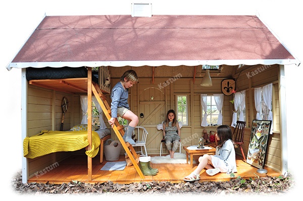 детский игровой деревянный домик с кроватью